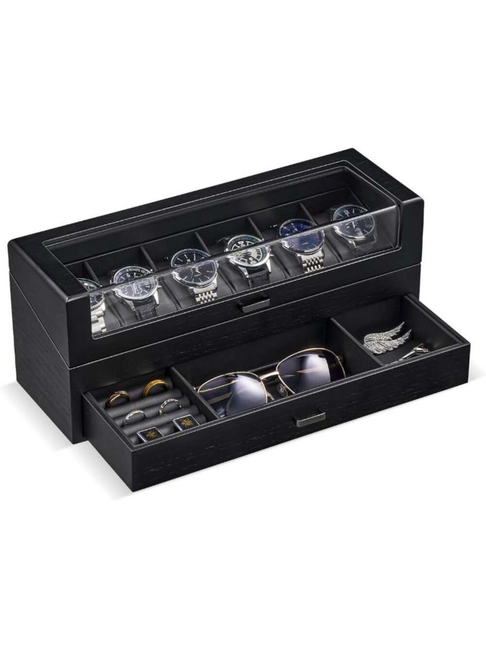 Elegant Wooden Watch Box for Men - 2-Layer Jewelry Organizer with 6 Slots